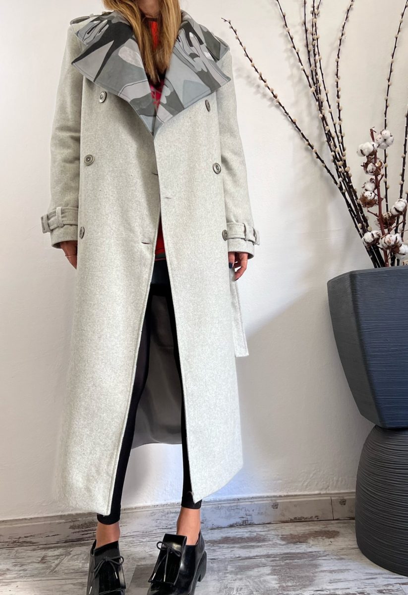 HEAT WOOL COAT GREY WITH PRINTED LAPELS