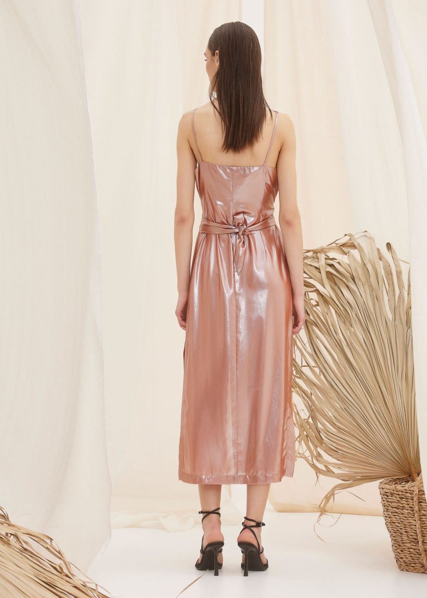 satin midi dress pink gold