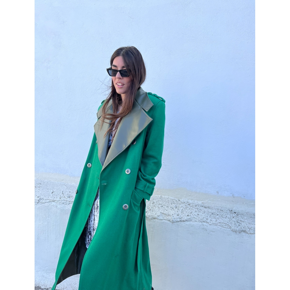 HEAT WOOL COAT GREEN WITH LEATHER LAPELS