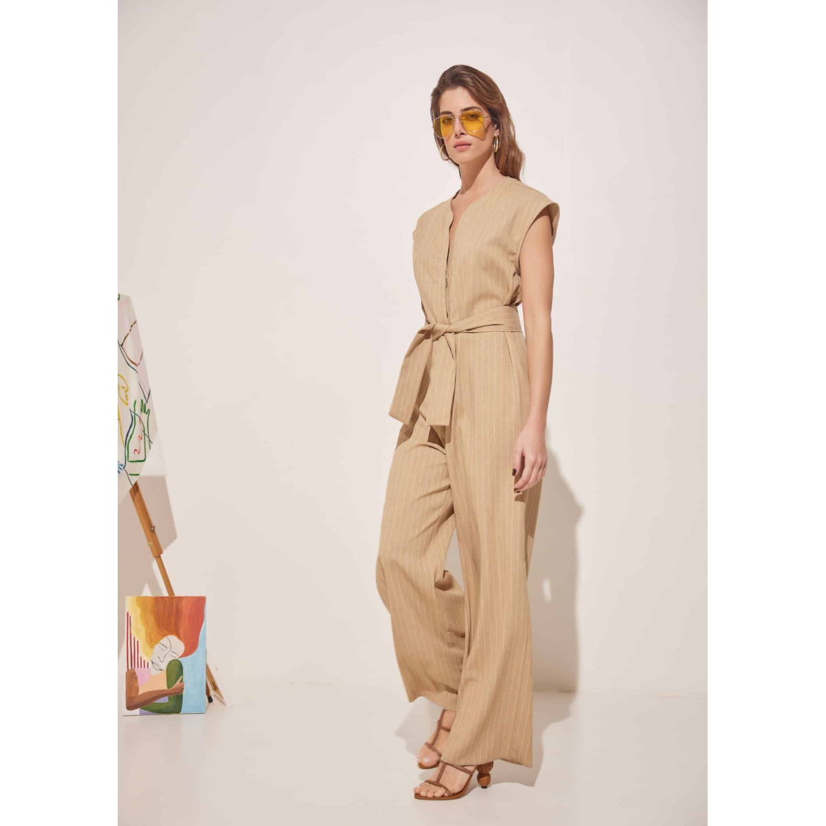 CONFIDENCE LINEN JUMPSUIT BEIGE STRIPED