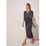 SILK MIDI WRAP DRESS BLACK-BEIGE