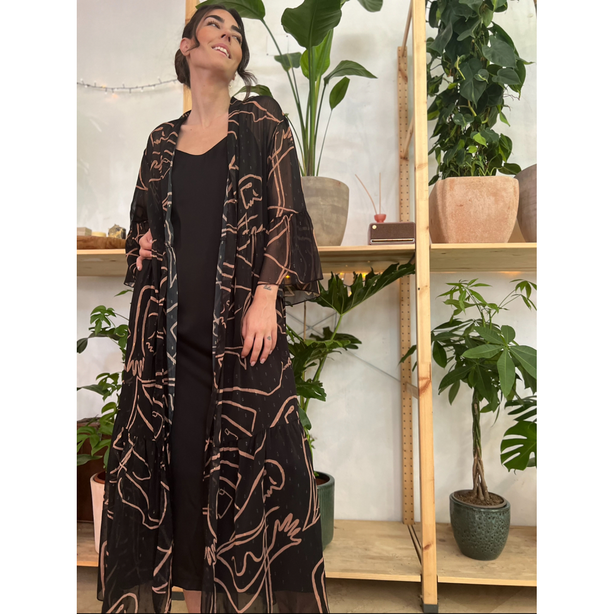 HERMIS SILK MAXI KAFTAN BLACK INTIMACY PRINT