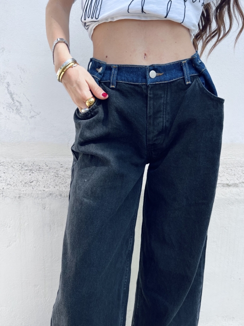 BUTTON ADJUSTABLE WAIST BLACK & BLUE JEANS