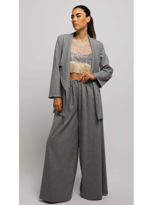 RHEA SILK SATIN WIDE LEG PANTS GREY STRIPED