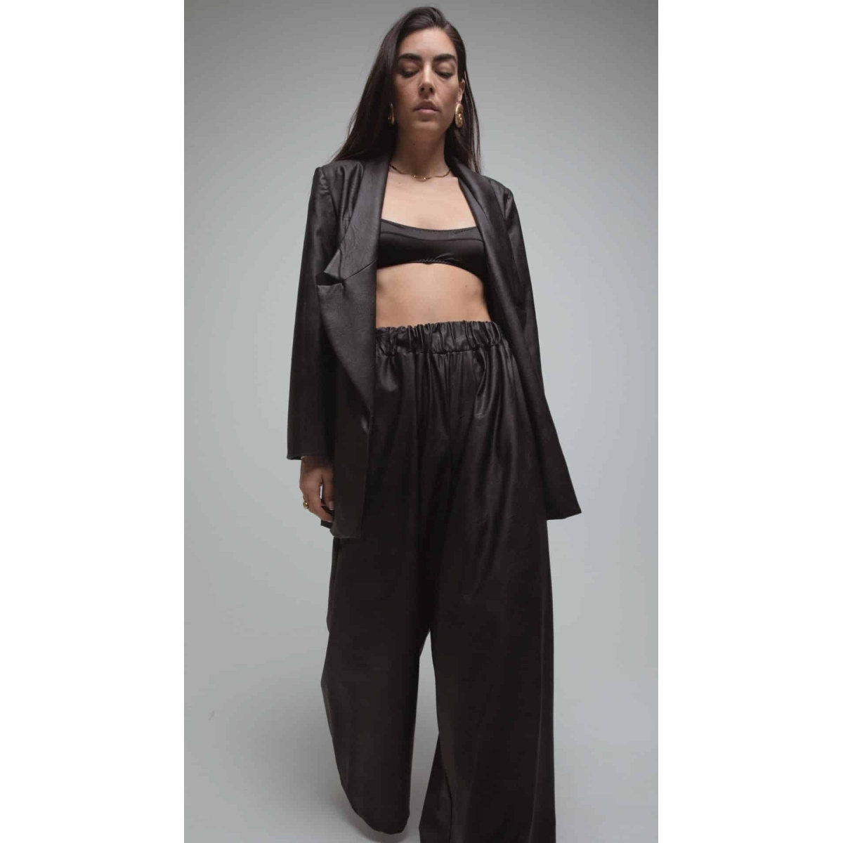 RHEA LEATHER WIDE LEG PANTS BLACK