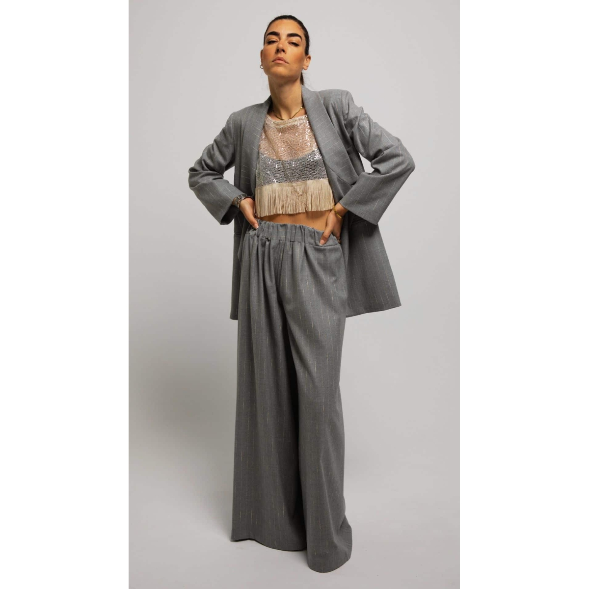 RHEA SILK SATIN WIDE LEG PANTS GREY STRIPED