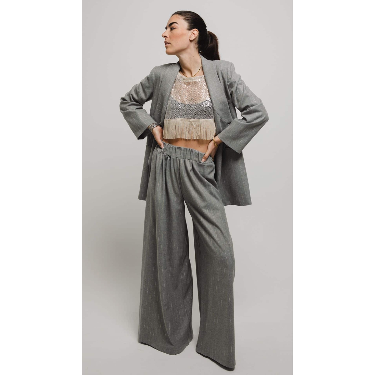 RHEA SILK SATIN WIDE LEG PANTS GREY STRIPED