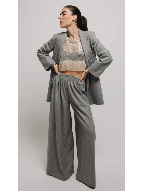 RHEA SILK SATIN WIDE LEG PANTS GREY STRIPED