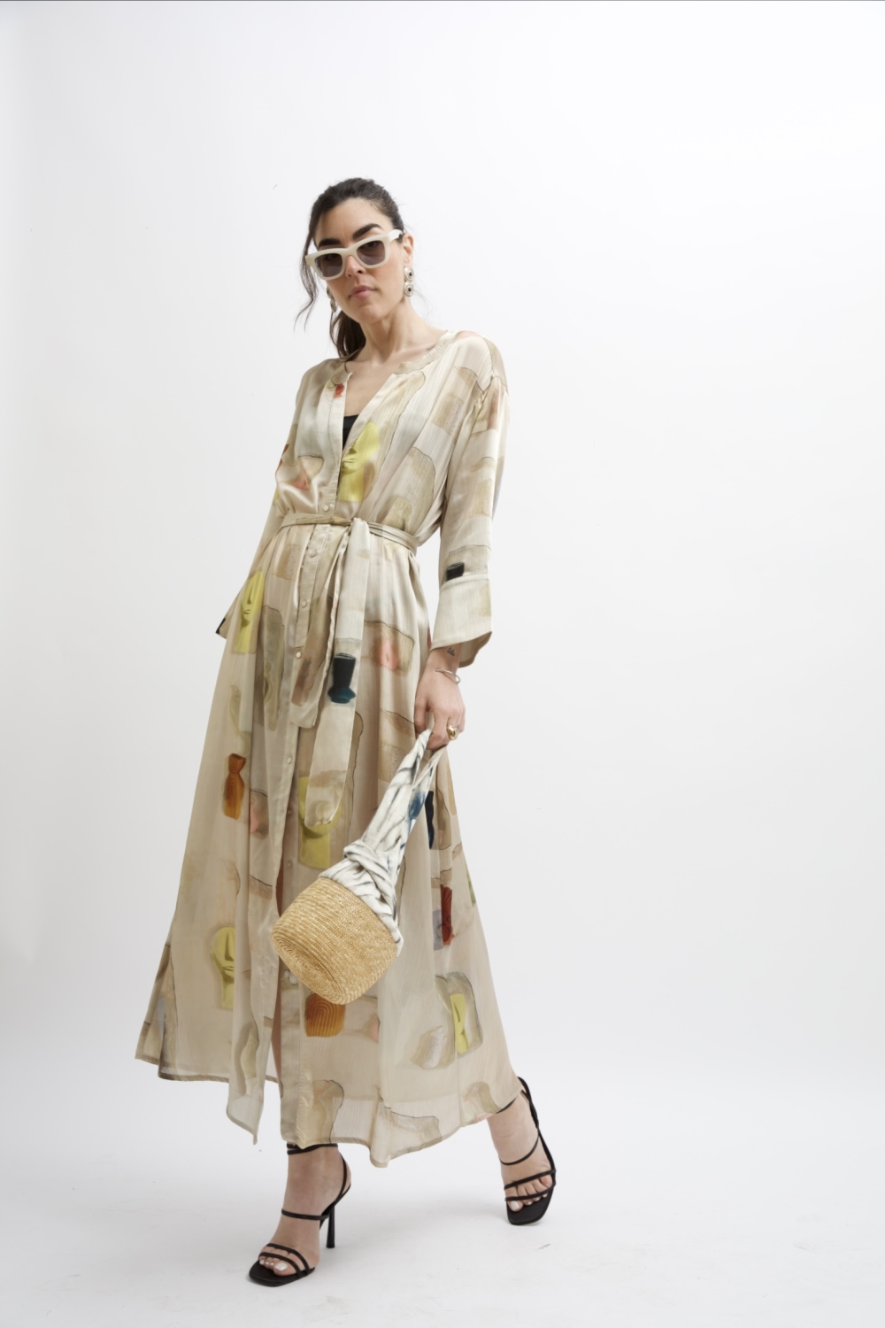 ARIA SATIN MAXI DRESS BUTTER WALL PRINT