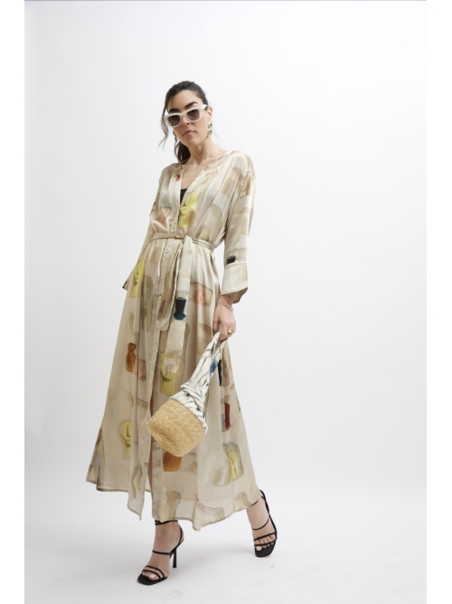 ARIA SATIN MAXI DRESS BUTTER WALL PRINT