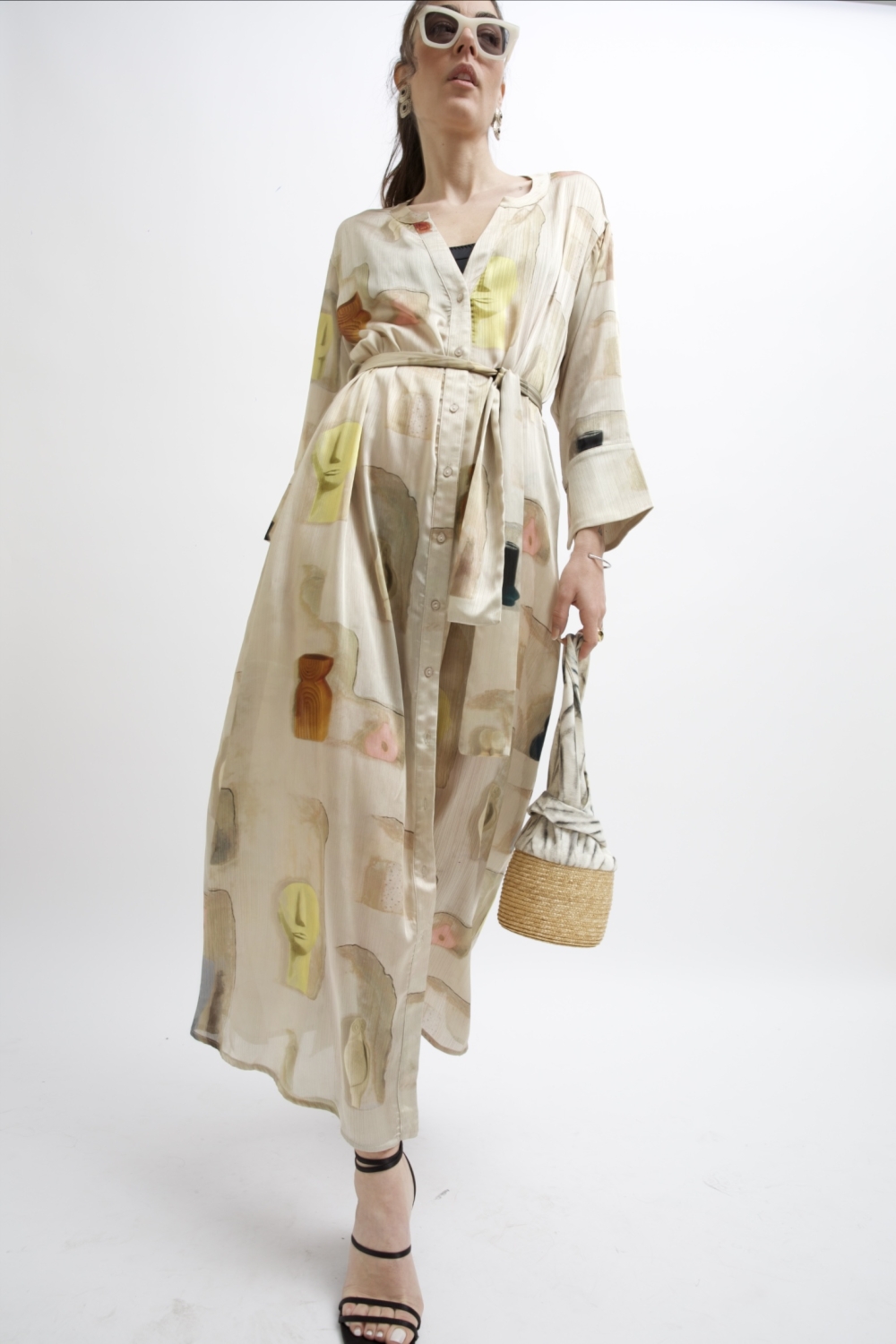 ARIA SATIN MAXI DRESS BUTTER WALL PRINT