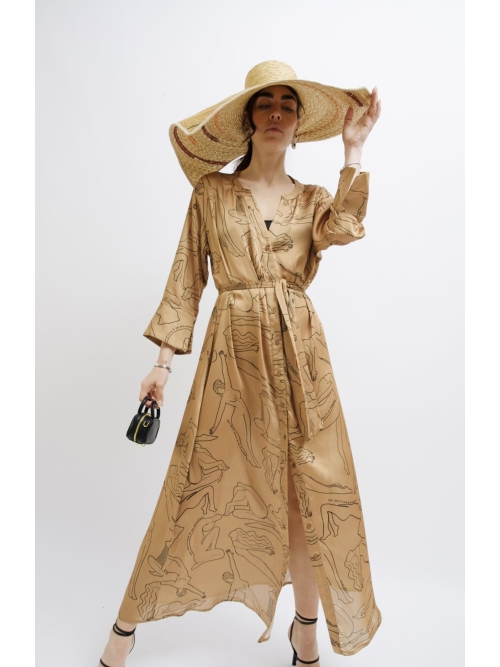 ARIA SATIN MAXI DRESS PRINT FLOWGIRL TAN