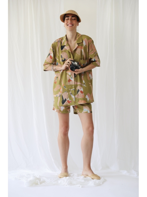 SUNBORN UNISEX SHIRT ΜΑΤ SATIN FLOWGIRLS OLIVE PRINT
