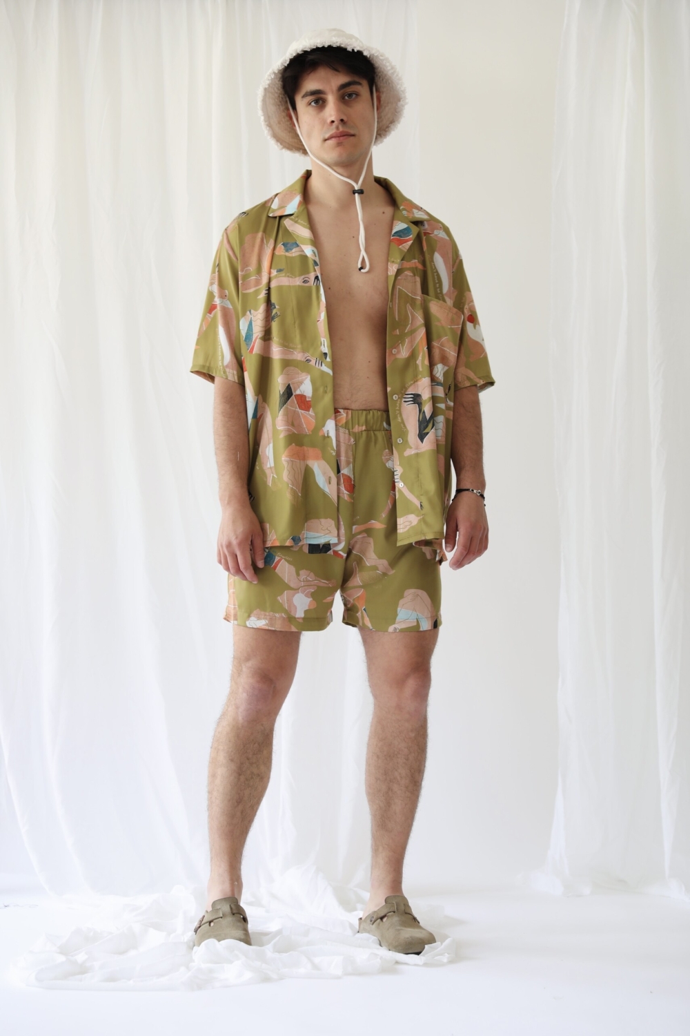 SUNBORN UNISEX SHIRT ΜΑΤ SATIN FLOWGIRLS OLIVE PRINT