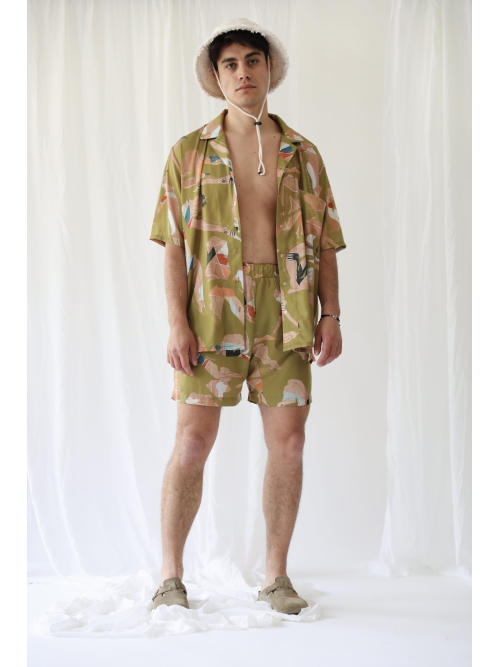 SUNBORN UNISEX SHIRT ΜΑΤ SATIN FLOWGIRLS OLIVE PRINT