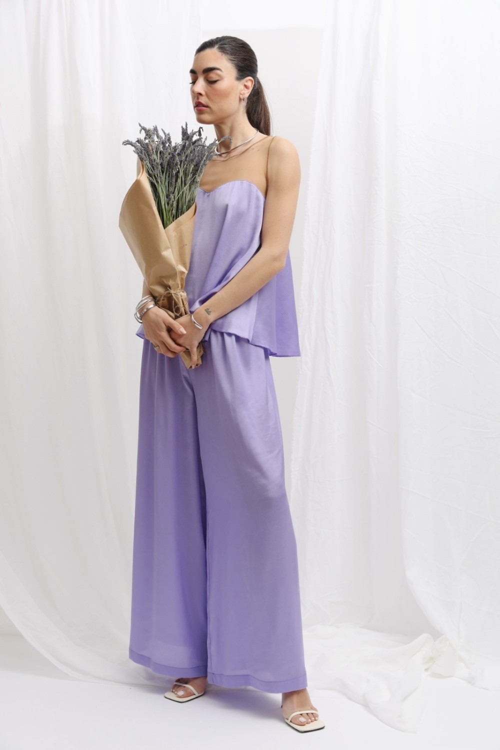 RHEA SILK SATIN WIDE LEG PANTS LAVENDER