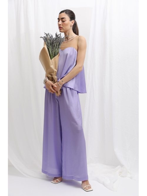 RHEA SILK SATIN WIDE LEG PANTS LAVENDER