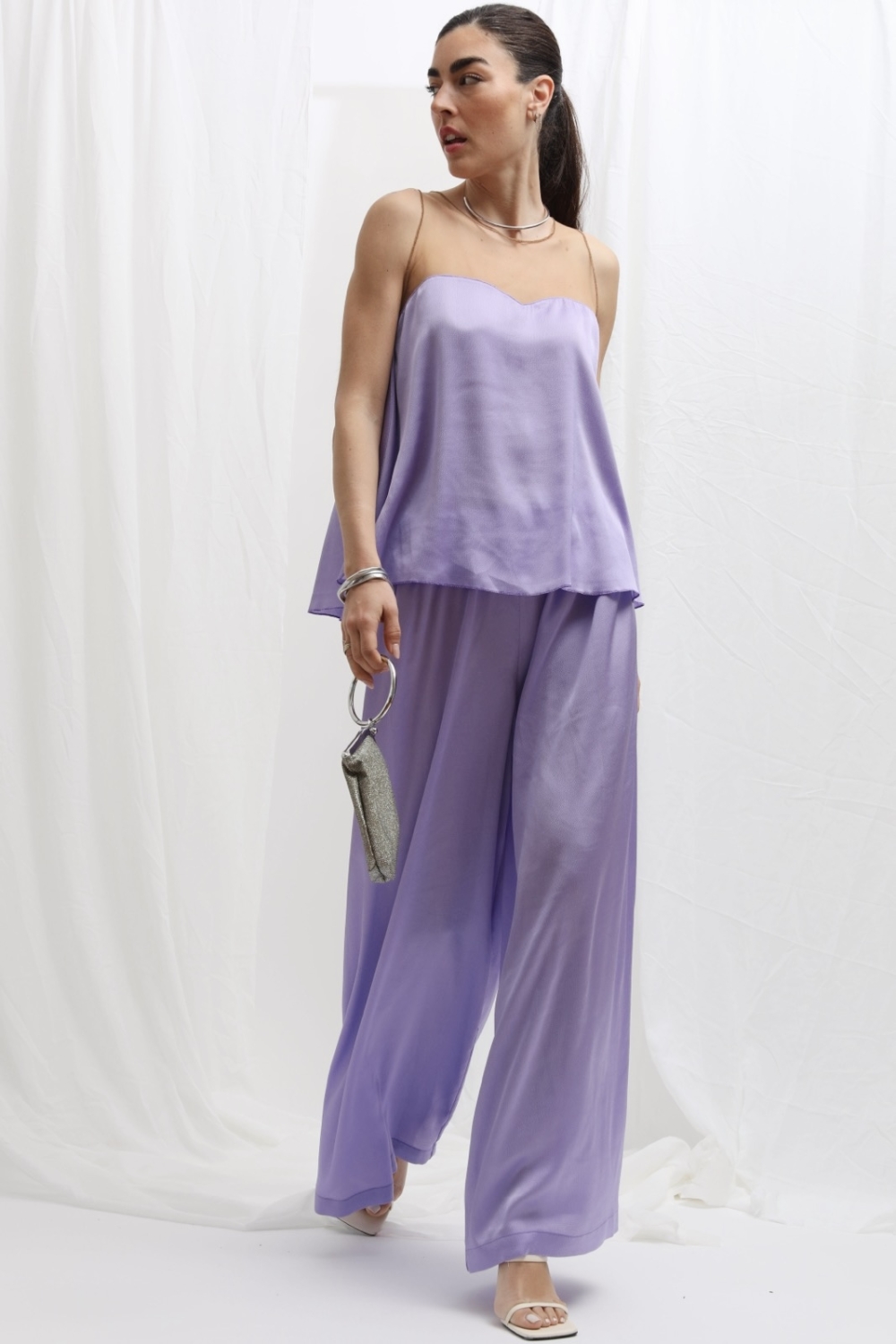 RHEA SILK SATIN WIDE LEG PANTS LAVENDER