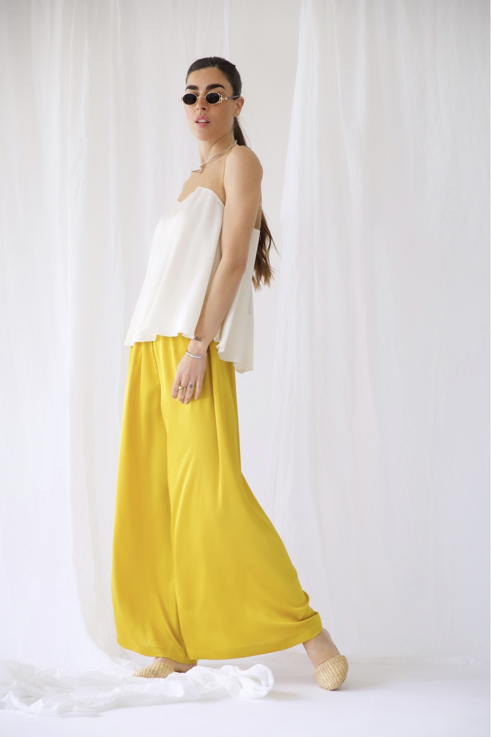 RHEA SILK SATIN WIDE LEG PANTS YELLOW