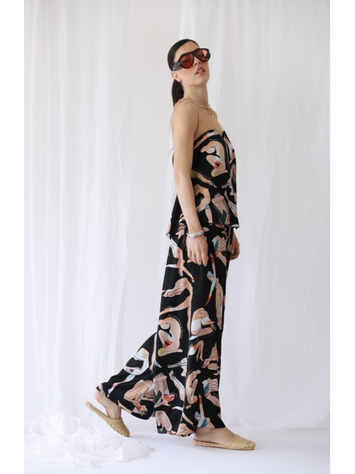 RHEA SILK SATIN WIDE LEG PANTS FLOWGIRLS BLACK