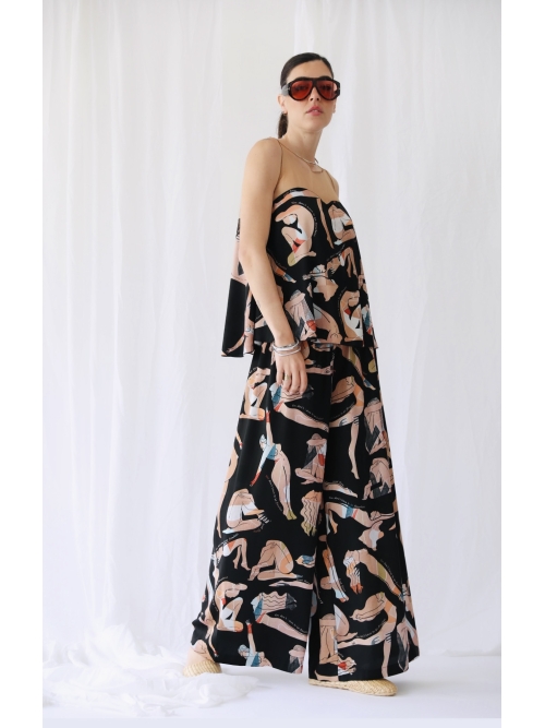 RHEA SILK SATIN WIDE LEG PANTS FLOWGIRLS BLACK
