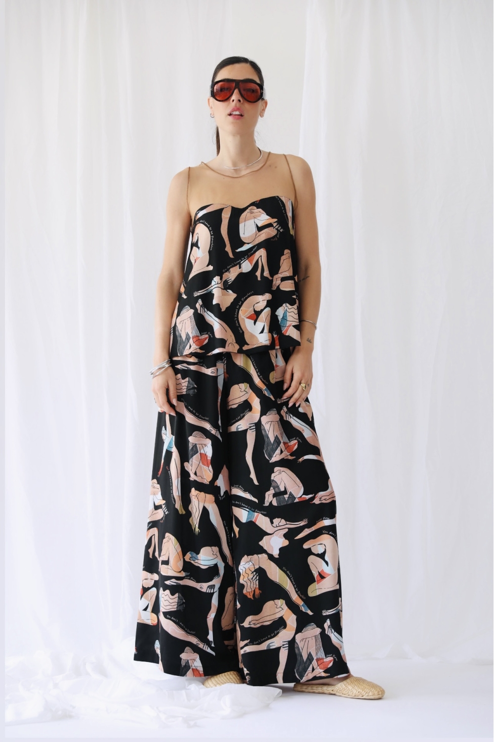 RHEA SILK SATIN WIDE LEG PANTS FLOWGIRLS BLACK