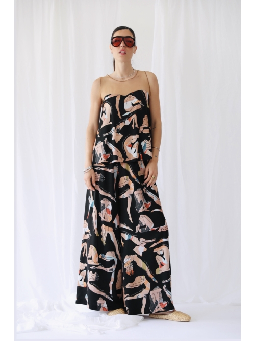 RHEA SILK SATIN WIDE LEG PANTS FLOWGIRLS BLACK