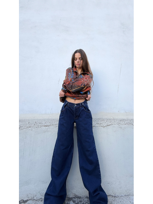 BUTTON ADJUSTABLE WAIST BLUE BLACK WASH JEANS