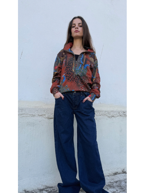 BUTTON ADJUSTABLE WAIST BLUE BLACK WASH JEANS