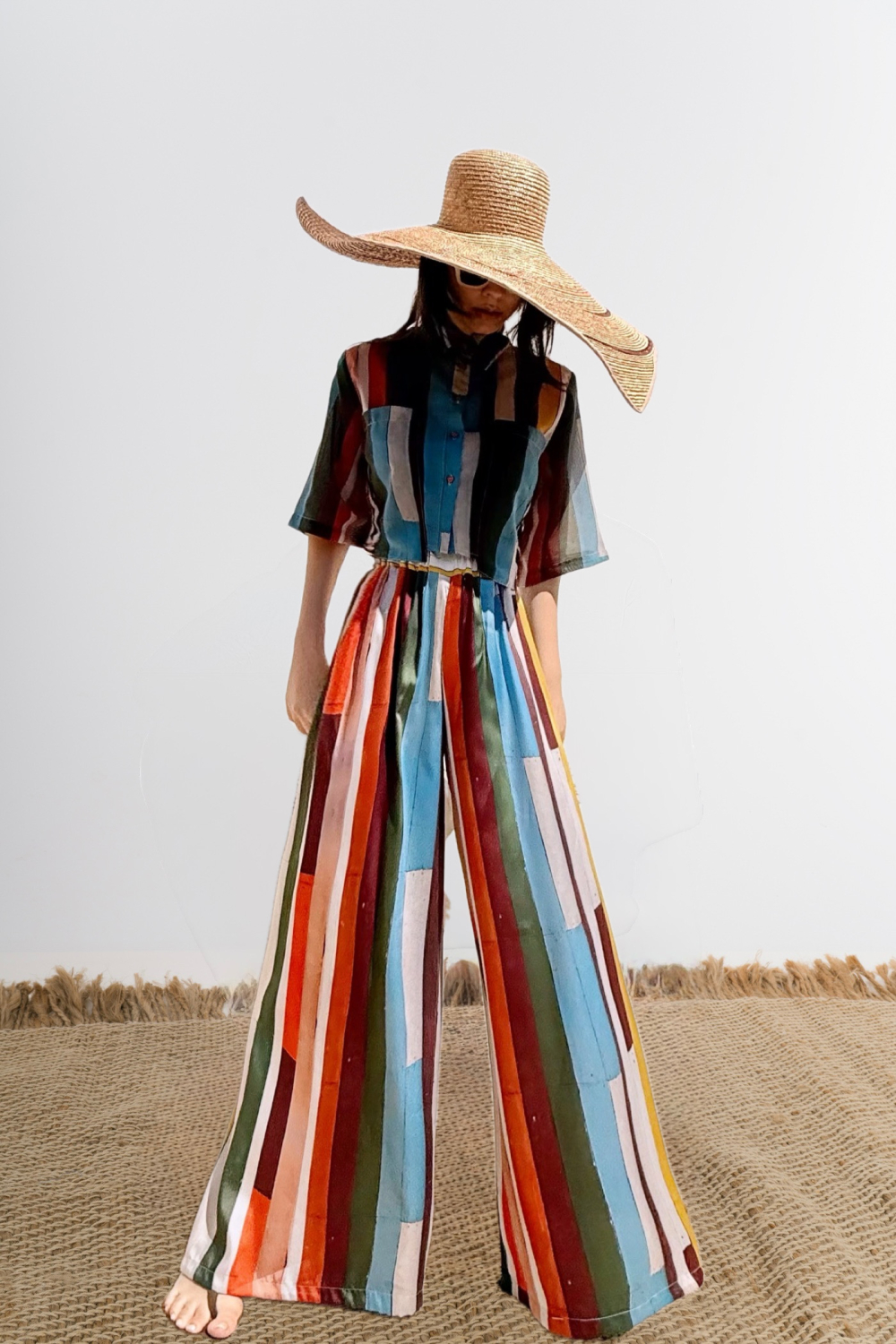 NUREA COTTON WIDE-HAREM PANTS STRIPED PRINT