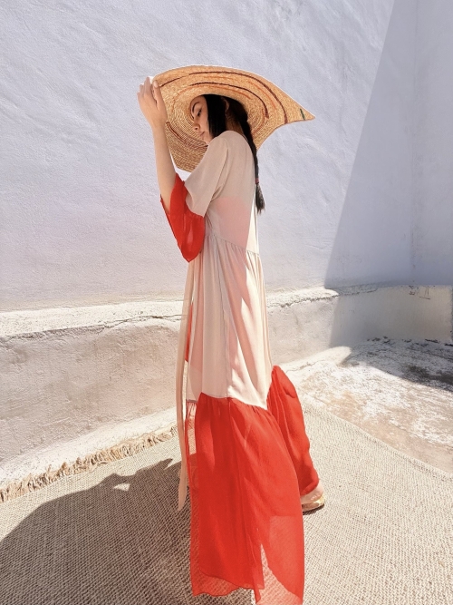 HERMIS SILK MAXI KAFTAN BEIGE-ORANGADE