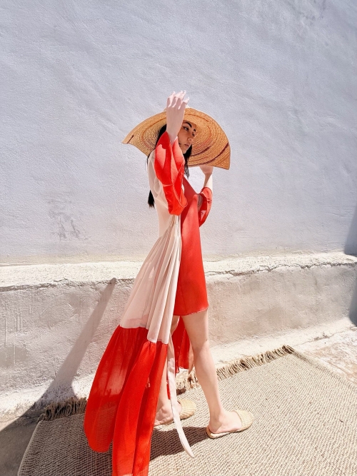HERMIS SILK MAXI KAFTAN BEIGE-ORANGADE