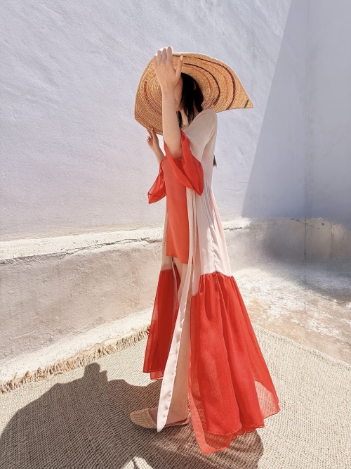 HERMIS SILK MAXI KAFTAN BEIGE-ORANGADE