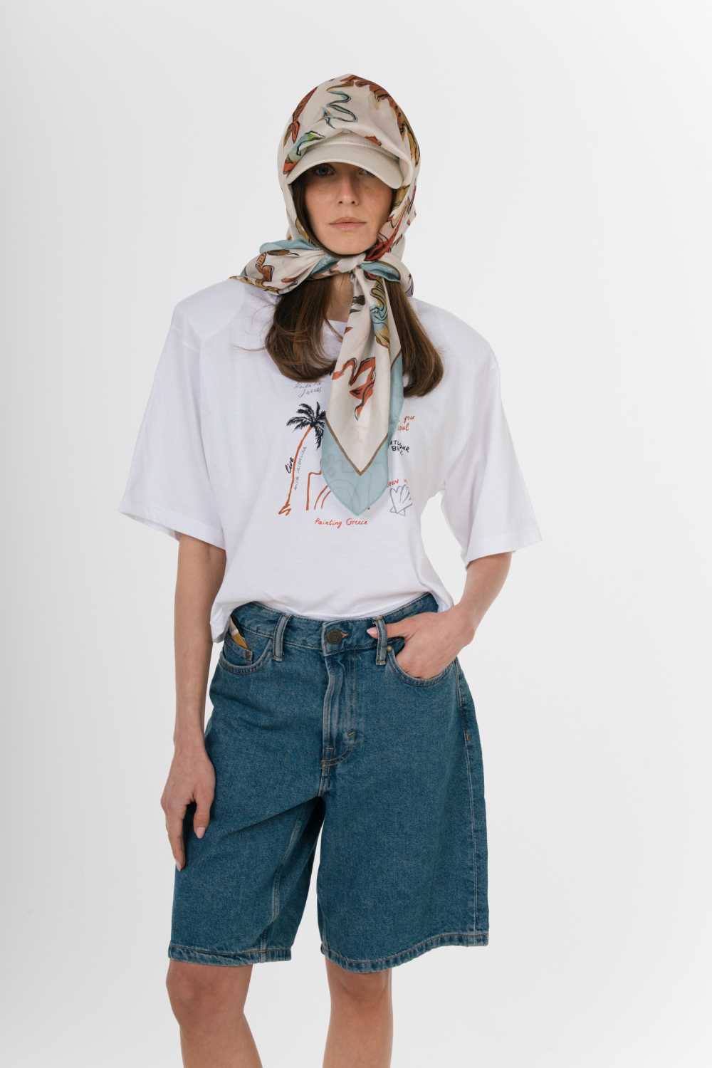 The KNLs HISTORIA SILK SCARF PAINTED PALMART ECRU