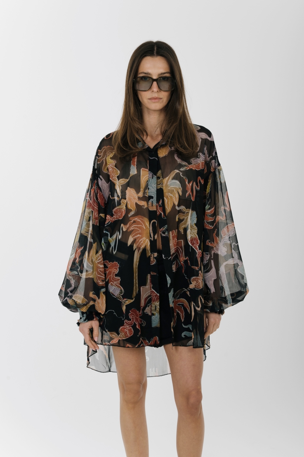 EROS NEW PRINTED TUNIC TOP BLACK PALM ART