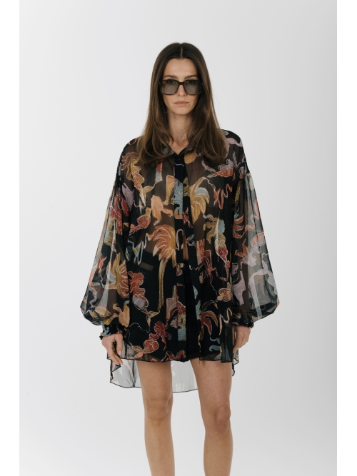EROS NEW PRINTED TUNIC TOP BLACK PALM ART