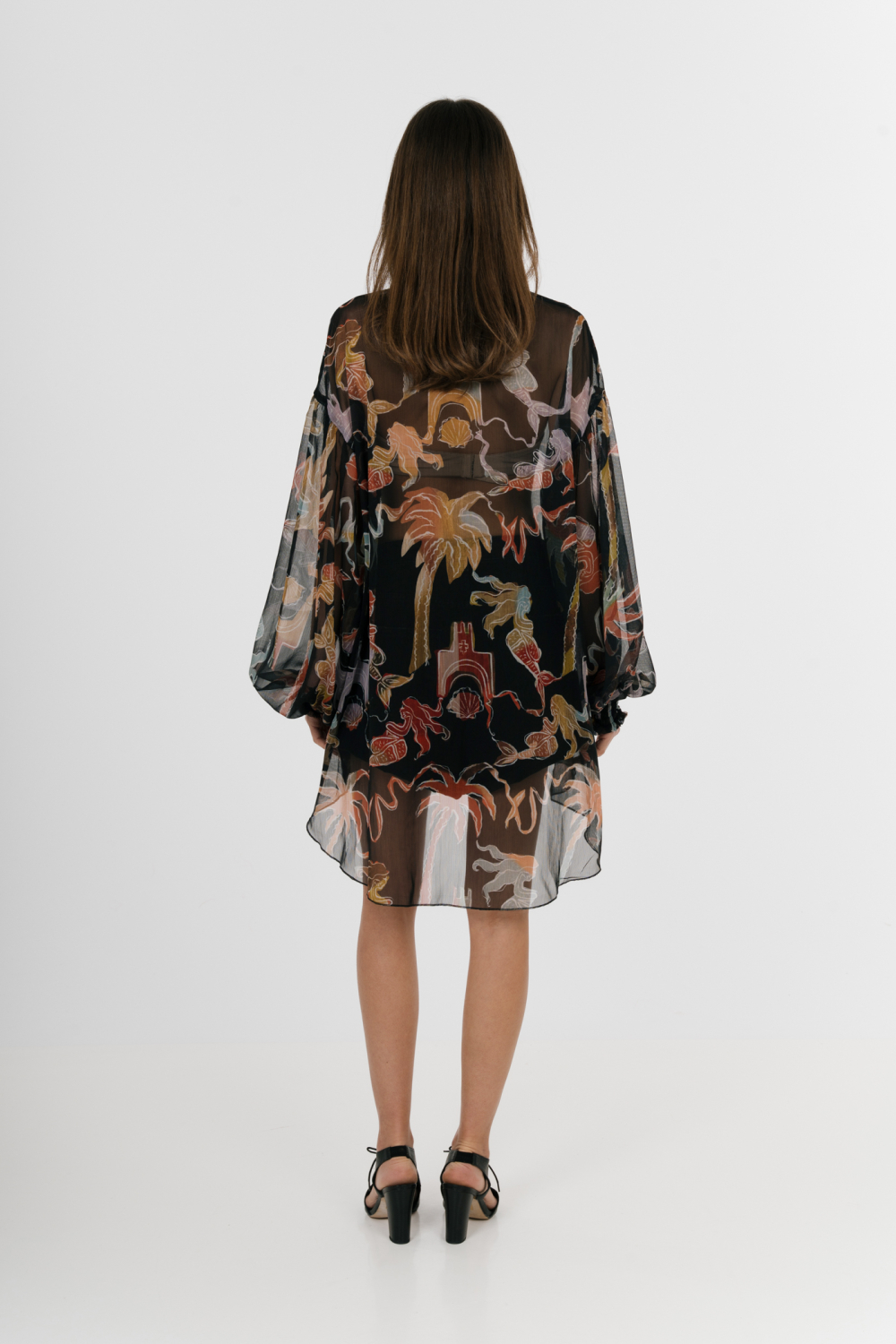 EROS NEW PRINTED TUNIC TOP BLACK PALM ART