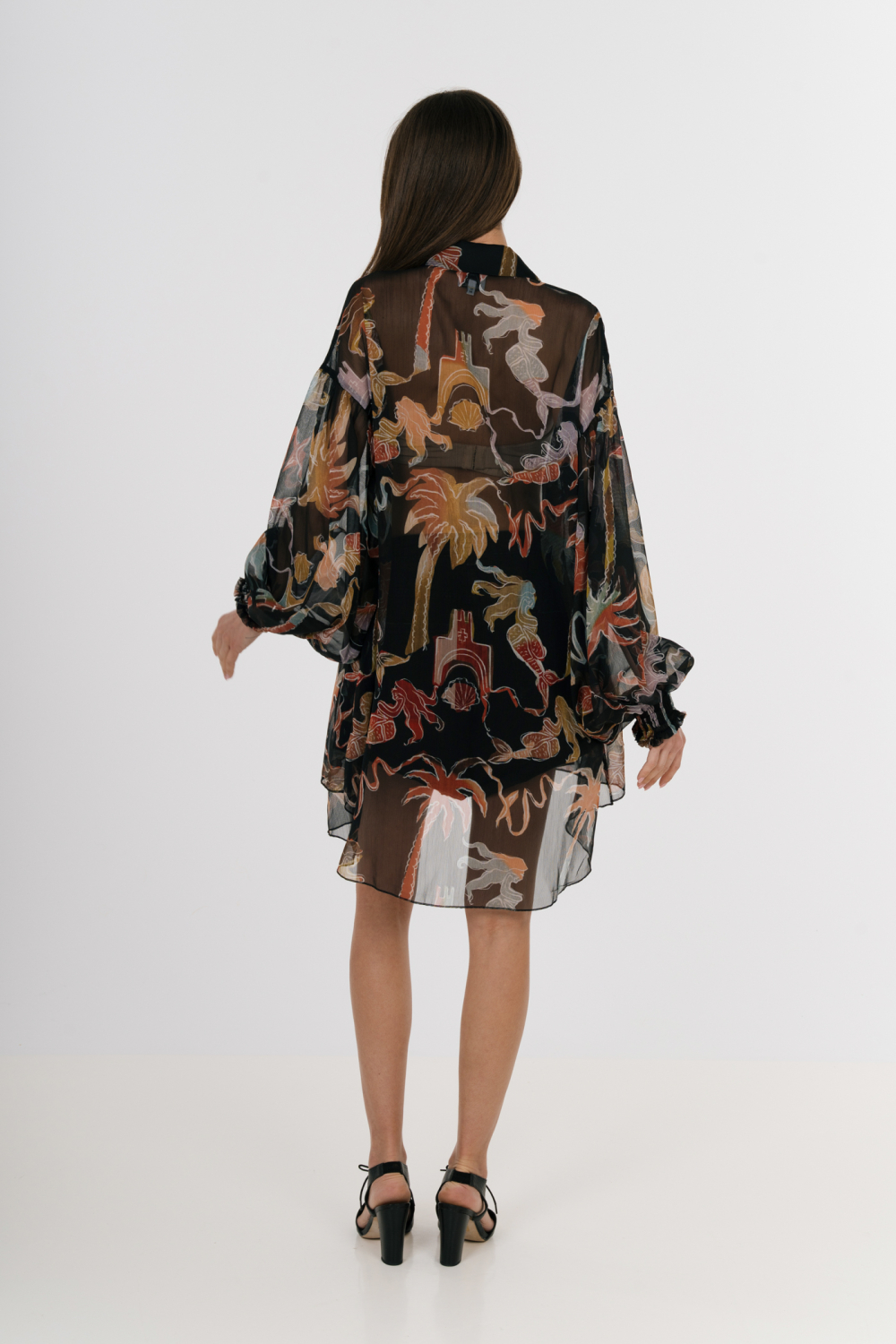 EROS NEW PRINTED TUNIC TOP BLACK PALM ART