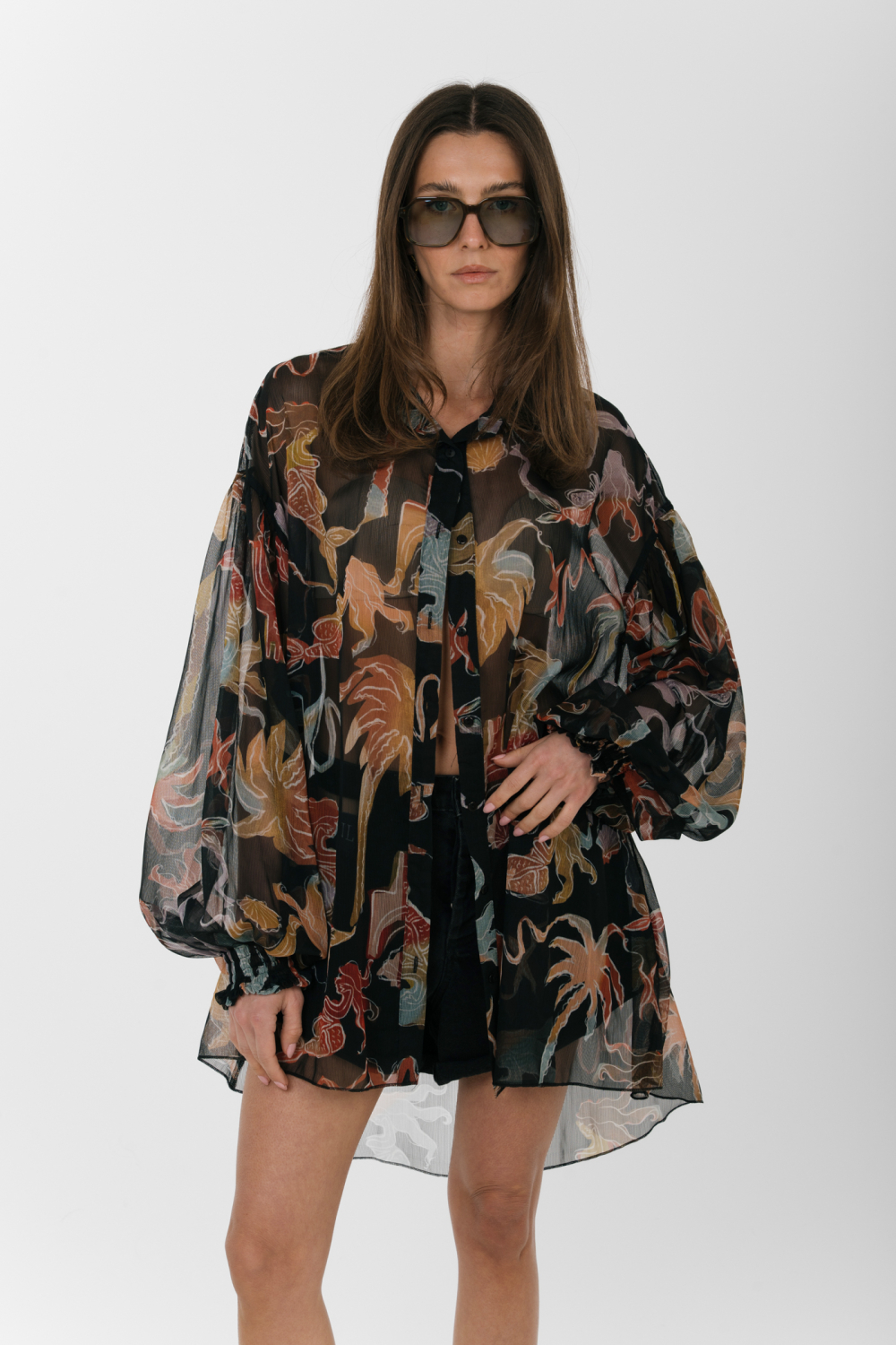 EROS NEW PRINTED TUNIC TOP BLACK PALM ART