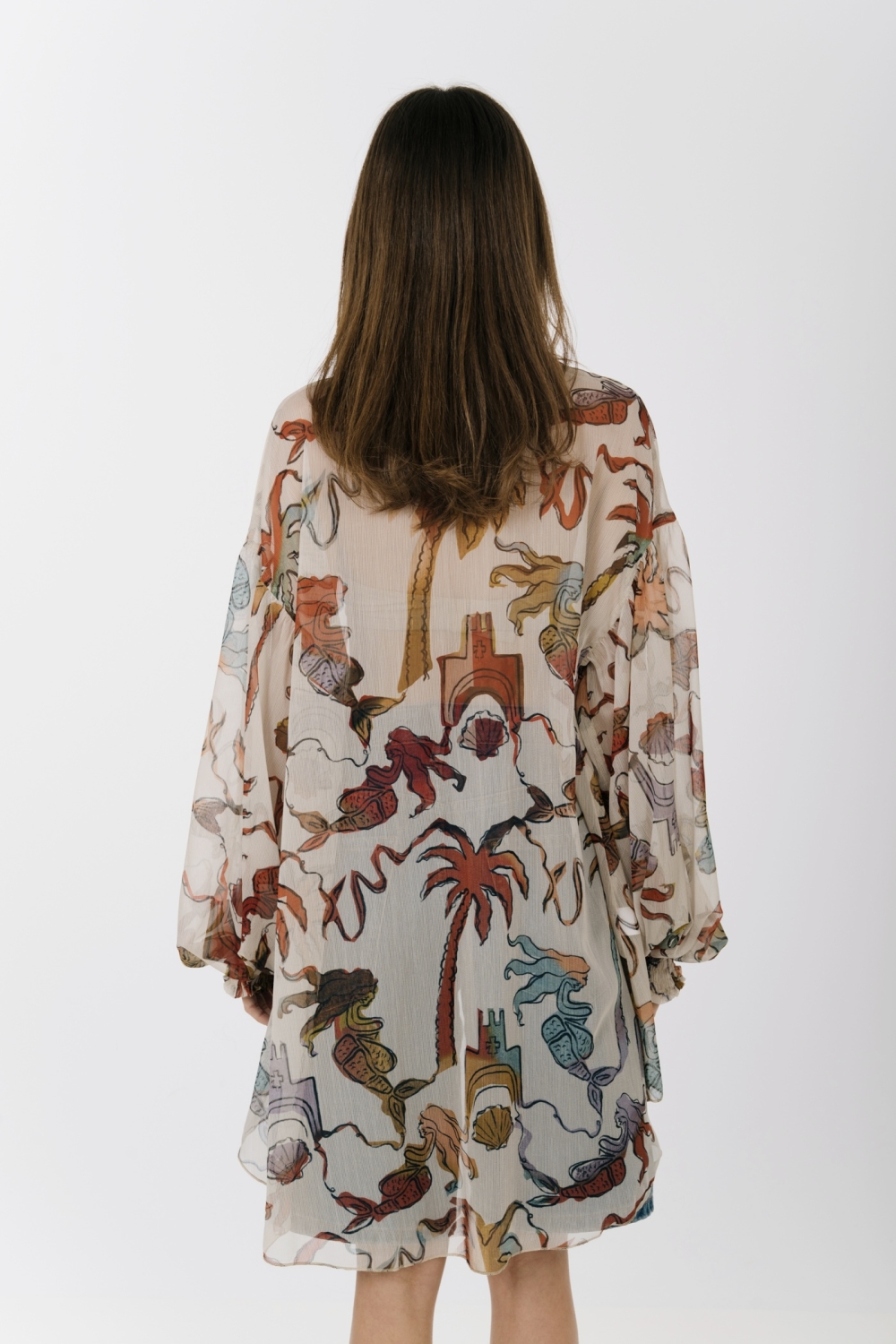 EROS NEW PRINTED TUNIC TOP ECRU PALM ART