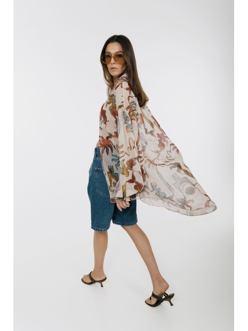 EROS NEW PRINTED TUNIC TOP ECRU PALM ART