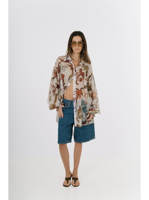 EROS NEW PRINTED TUNIC TOP ECRU PALM ART