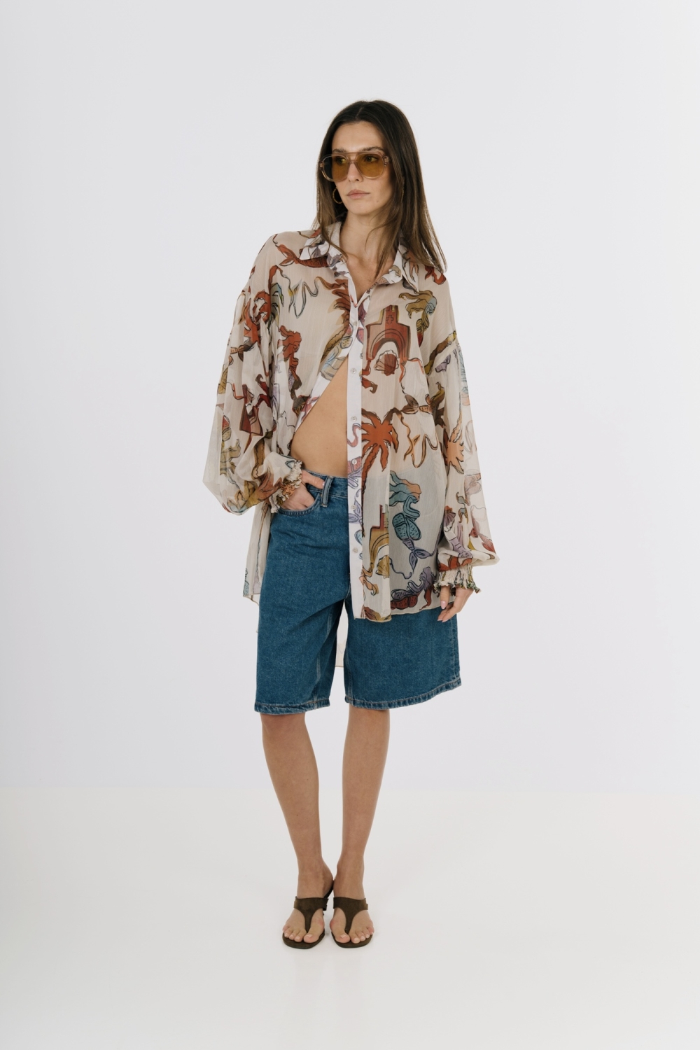 EROS NEW PRINTED TUNIC TOP ECRU PALM ART