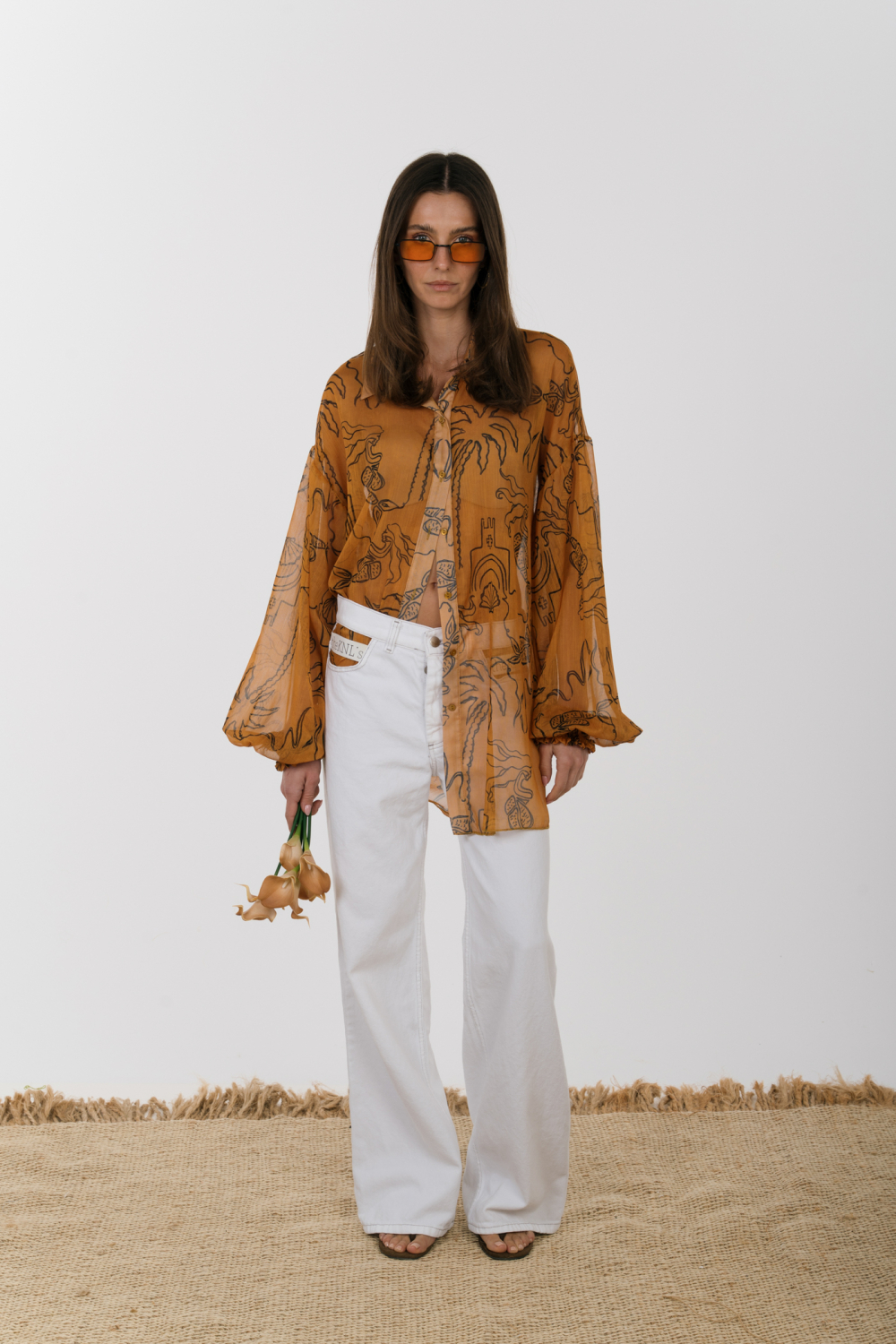 EROS NEW PRINTED TUNIC TOP CARAMEL LINE-ART