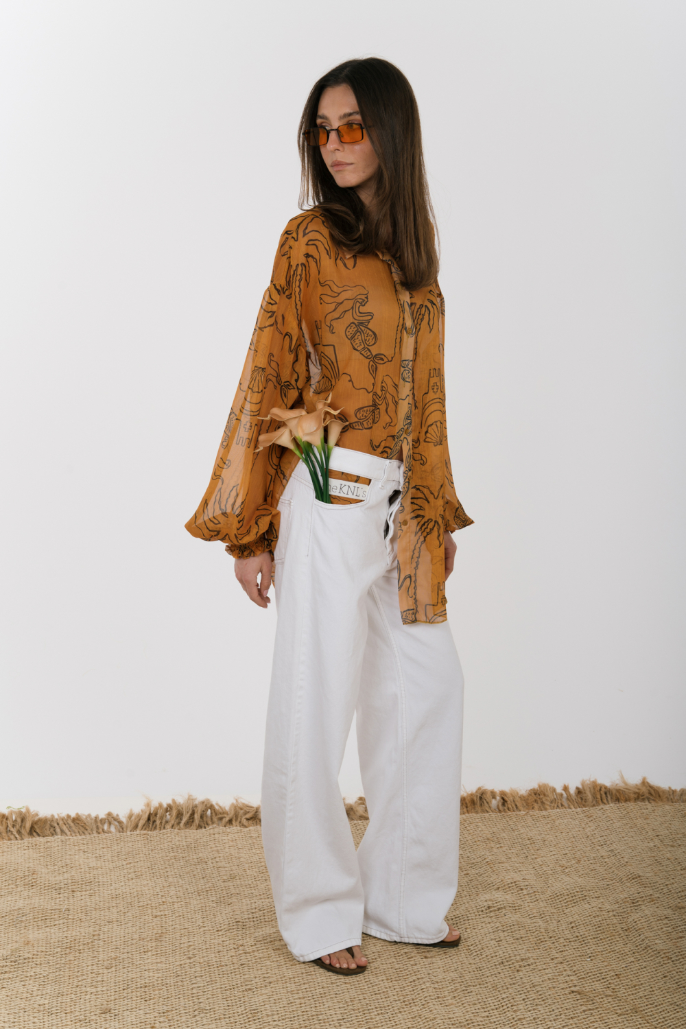 EROS NEW PRINTED TUNIC TOP CARAMEL LINE-ART