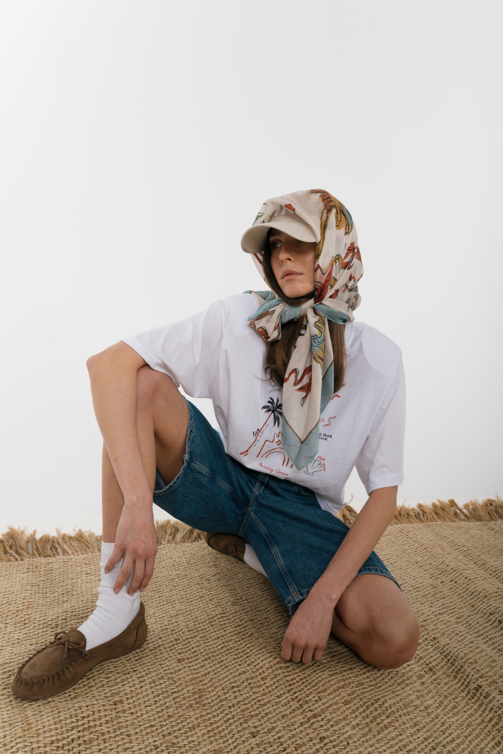 The KNLs HISTORIA SILK SCARF PAINTED PALMART ECRU