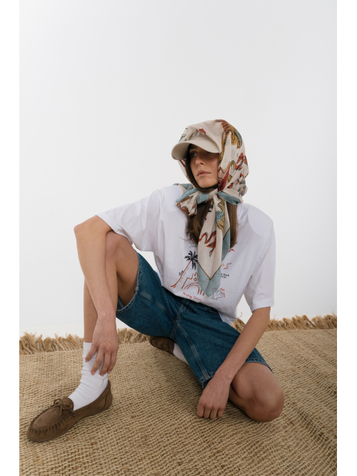 The KNLs HISTORIA SILK SCARF PAINTED PALMART ECRU