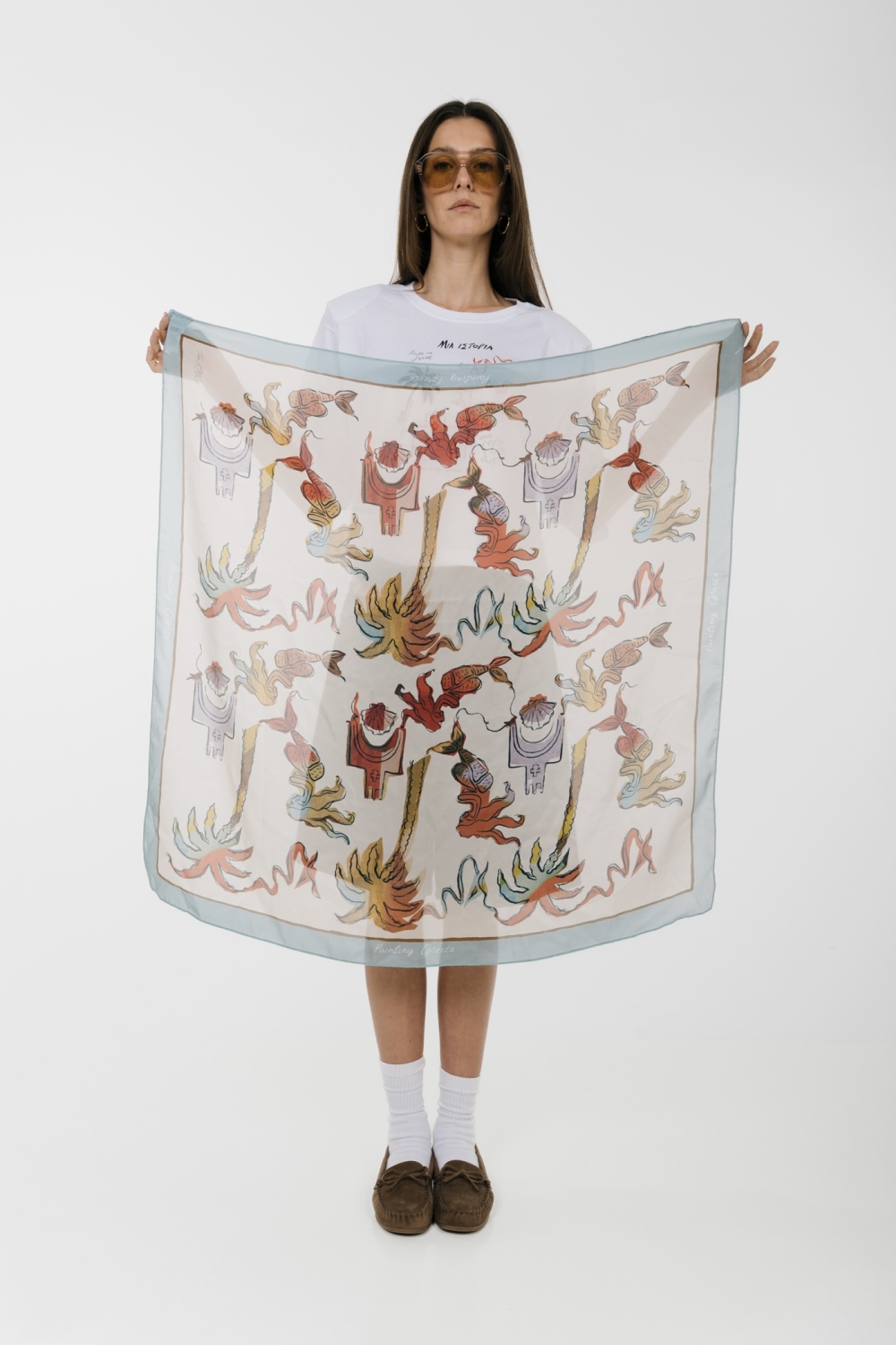 The KNLs HISTORIA SILK SCARF PAINTED PALMART ECRU