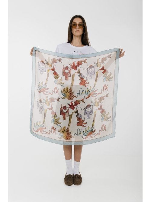 The KNLs HISTORIA SILK SCARF PAINTED PALMART ECRU