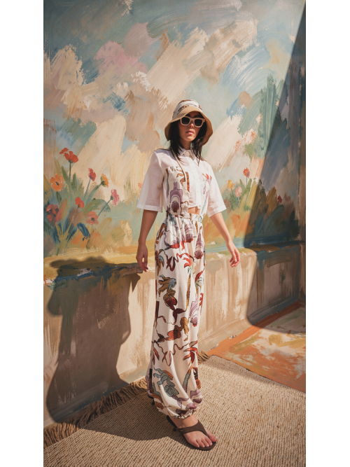 NUREA COTTON WIDE-HAREM PANTS OFF WHITE PALM ART PRINT